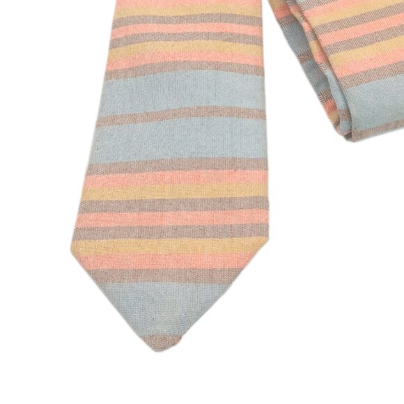 Brooklyn Tailors Cotton Tie Men’s 54.25” Blue Taupe Horizontal Stripe Skinny New - Picture 1 of 4